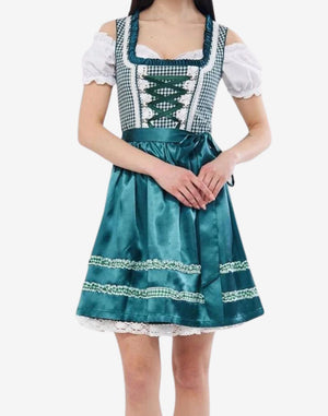 Front view of model wearing womens Oktoberfest alpine dirndl dress with apron, lace blouse and Bavarian corset bodice