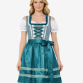 Full front view of womens alpine dirndl dress with decorative trim, apron bow and classic Oktoberfest silhouette