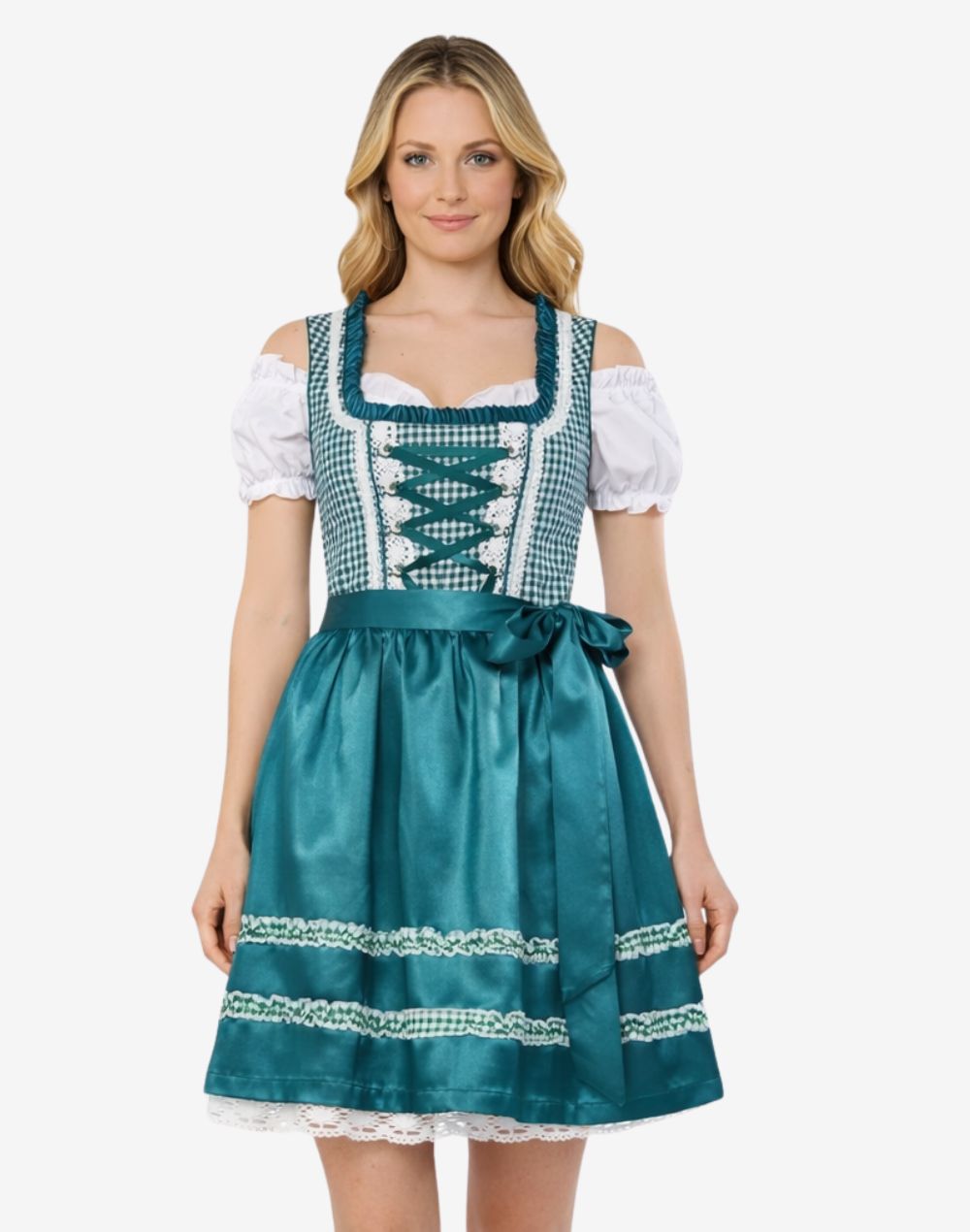 Full front view of womens alpine dirndl dress with decorative trim, apron bow and classic Oktoberfest silhouette