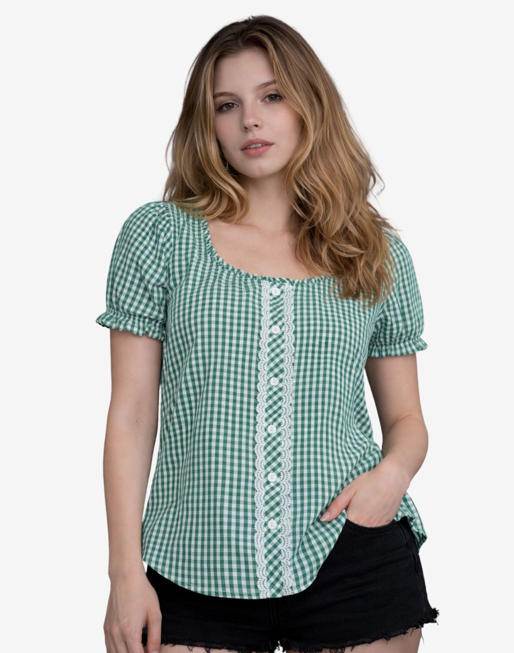 Woman wearing a green checkered shirt on a white background