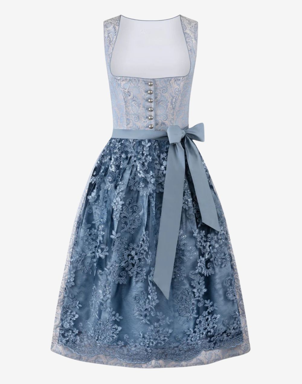 womens Oktoberfest dirndl dress featuring blue lace skirt, satin apron bow and traditional Bavarian bodice