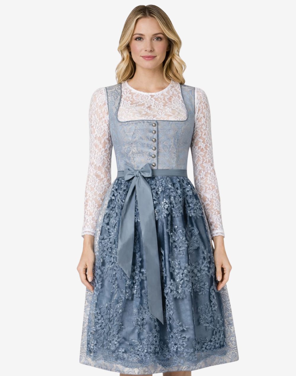 Front view of model wearing womens Oktoberfest dirndl dress featuring blue lace bodice, ribbon waist tie and elegant floral skirt