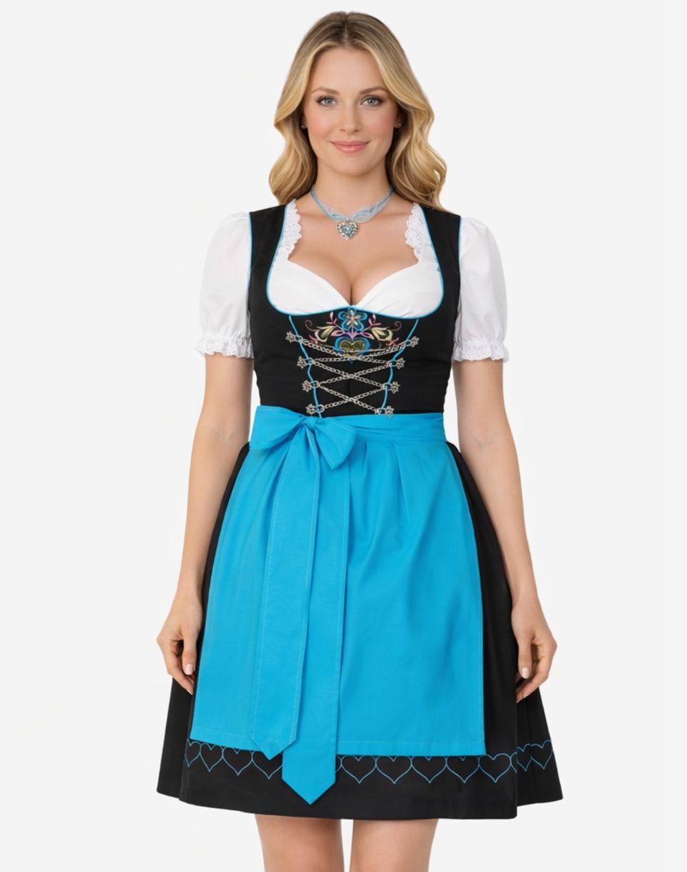 Full front view of model wearing traditional Oktoberfest dirndl dress with black skirt, blue apron and decorative bodice design
