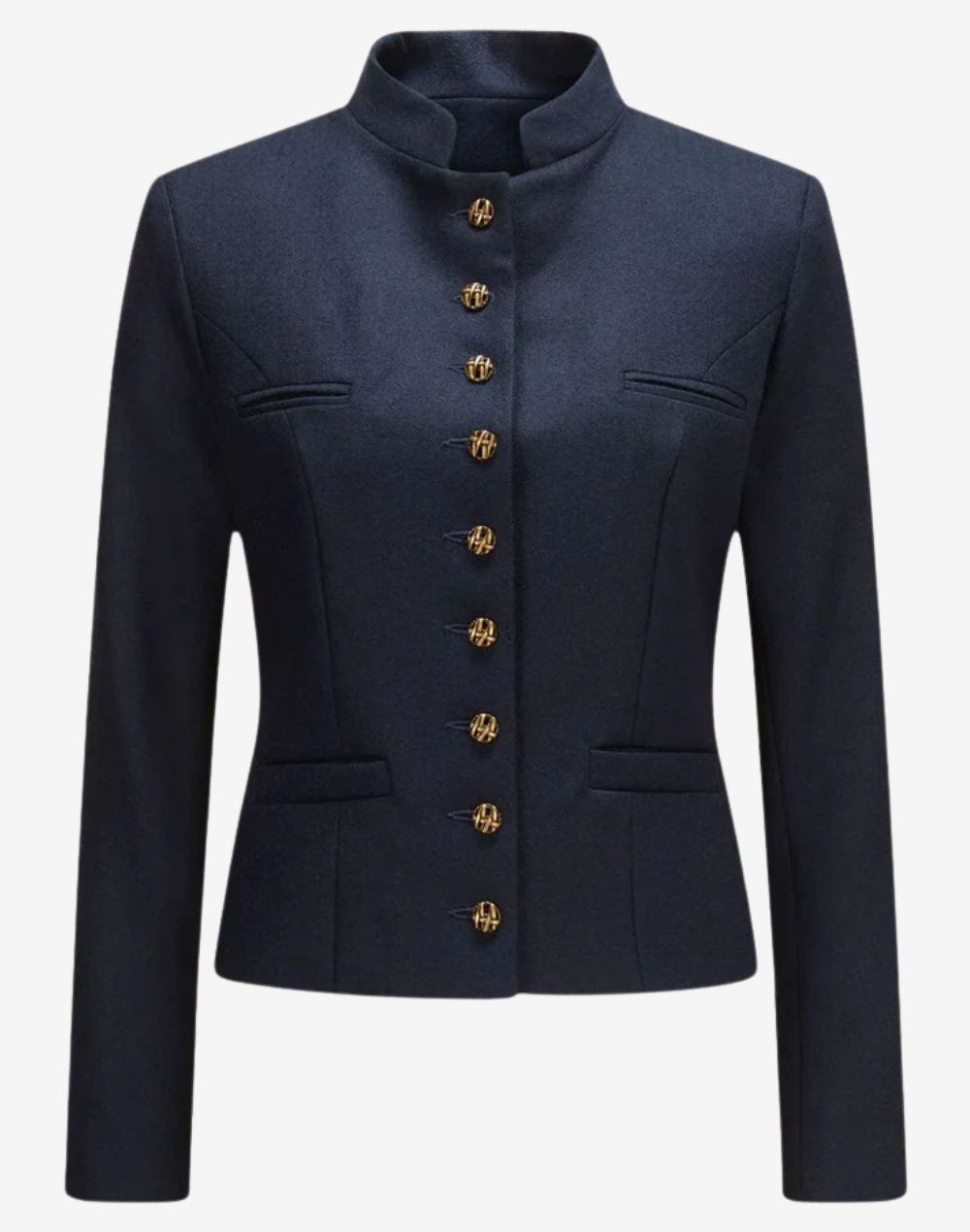 Front view of a women’s navy blue traditional trachten jacket featuring a stand-up collar, tailored fit, long sleeves, and decorative gold-tone buttons on the front.