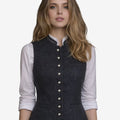 womens Oktoberfest trachten waistcoat worn with white shirt featuring fitted cut, decorative buttons and traditional alpine styling