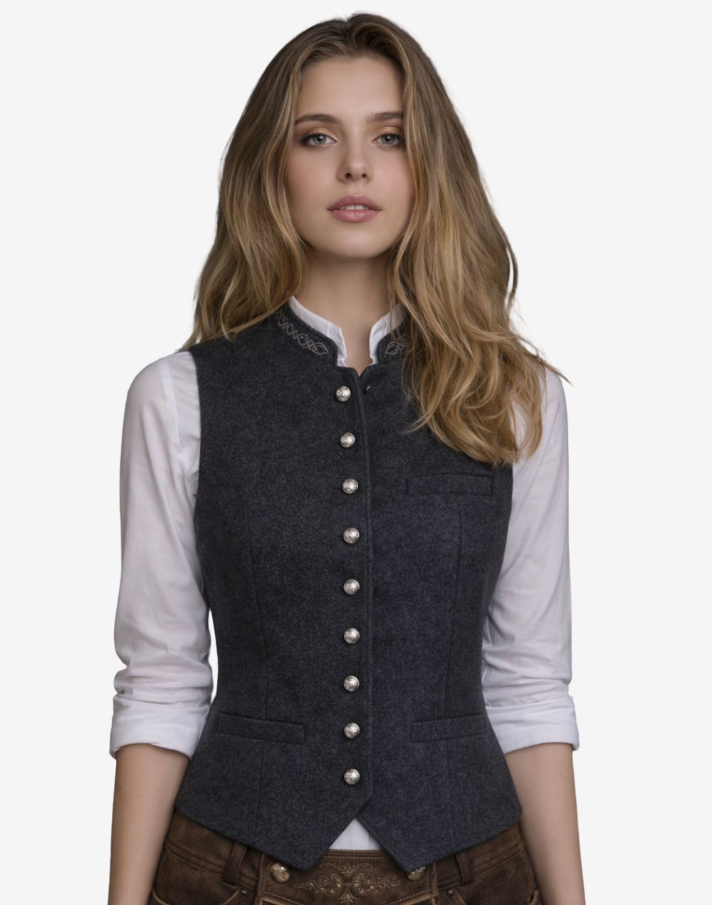 womens Oktoberfest trachten waistcoat worn with white shirt featuring fitted cut, decorative buttons and traditional alpine styling