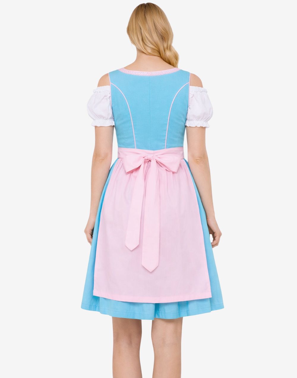 Back view of women alpine dirndl dress highlighting apron tie, fitted waist and traditional Bavarian garment structure