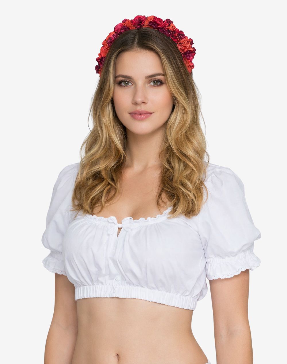 Woman wearing a white top and red floral headband on a white background