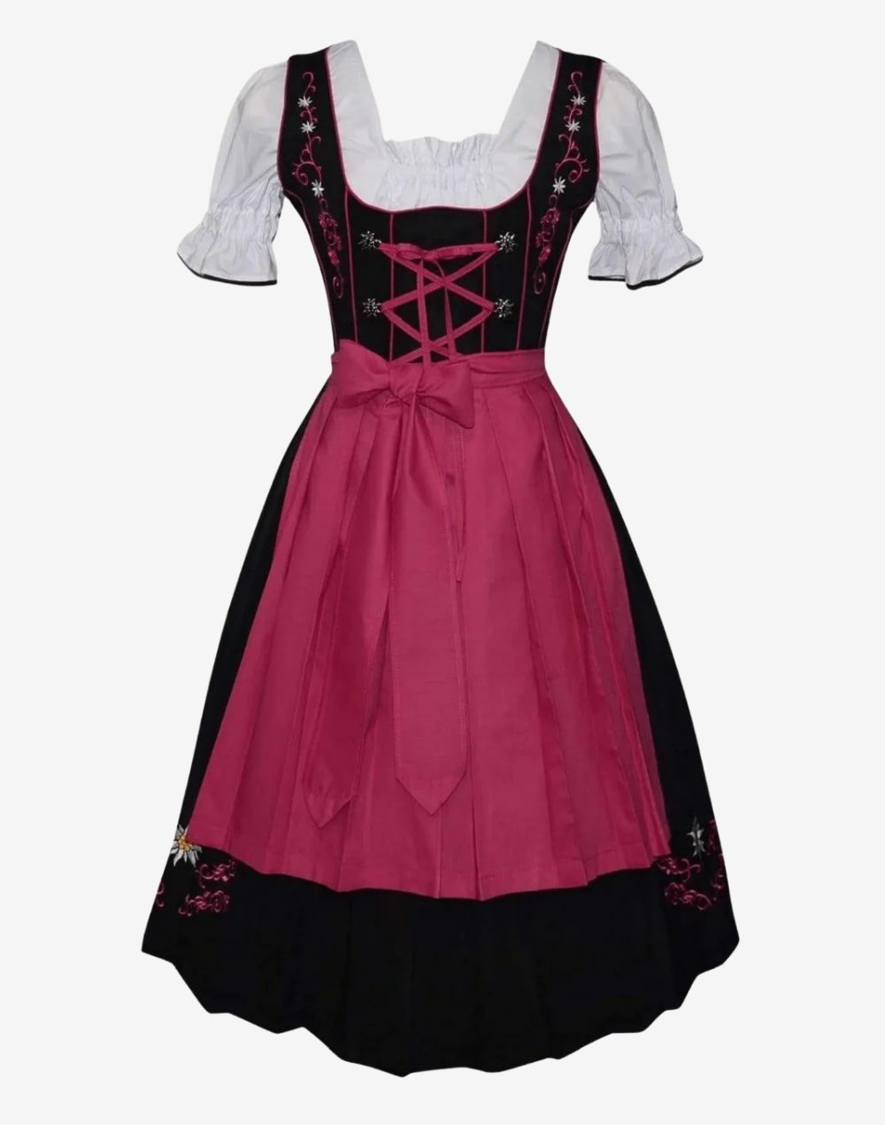 womens traditional alpine dirndl featuring black bodice, green apron and embroidered Bavarian floral details