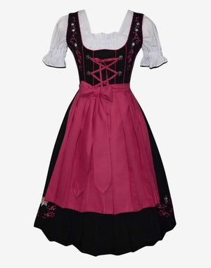 womens traditional alpine dirndl featuring black bodice, green apron and embroidered Bavarian floral details