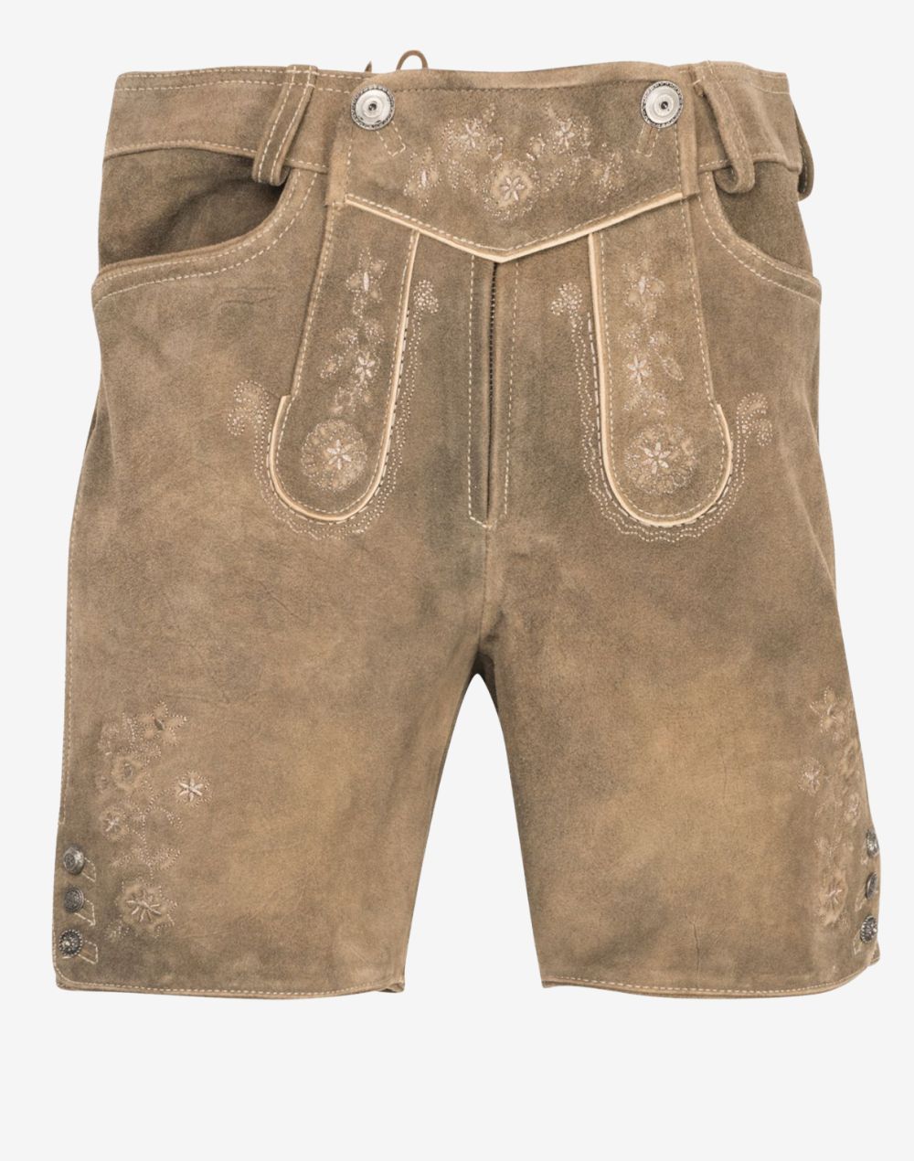Front view of beige womens traditional alpine lederhosen shorts made of suede leather, featuring embroidered floral patterns, decorative front flap, side pockets, and button details on the legs.