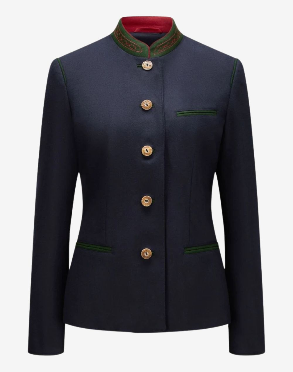 Front view of a women’s navy blue Bavarian-style trachten jacket featuring a tailored fit, green-trimmed stand collar with decorative embroidery, traditional button-front closure, and classic Alpine-inspired design.