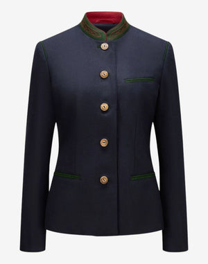 Front view of a women’s navy blue Bavarian-style trachten jacket featuring a tailored fit, green-trimmed stand collar with decorative embroidery, traditional button-front closure, and classic Alpine-inspired design.