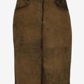 Womens traditional brown leather trachten skirt with clean front panel design, button closure, and vintage alpine style finish.