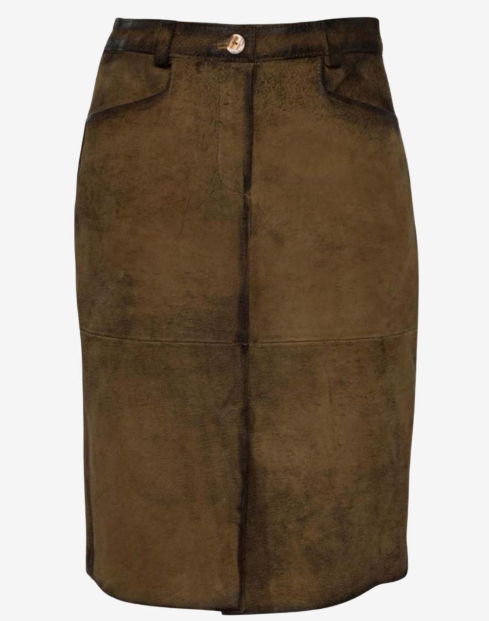 Womens traditional brown leather trachten skirt with clean front panel design, button closure, and vintage alpine style finish.