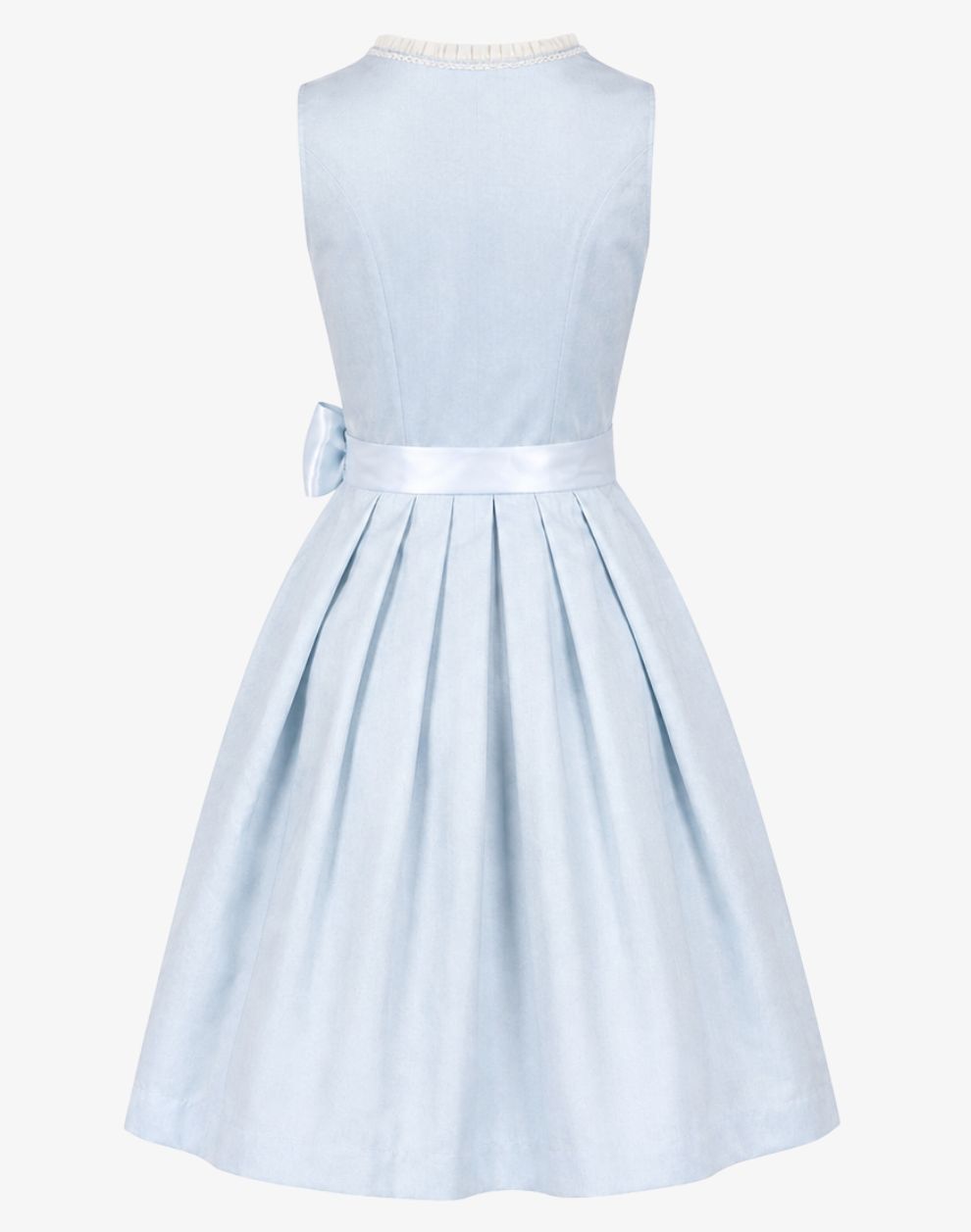 Women's Traditional Blue Dirndl Dress back view featuring a tailored light blue bodice, pleated knee-length skirt, clean back design, and matching waist sash.