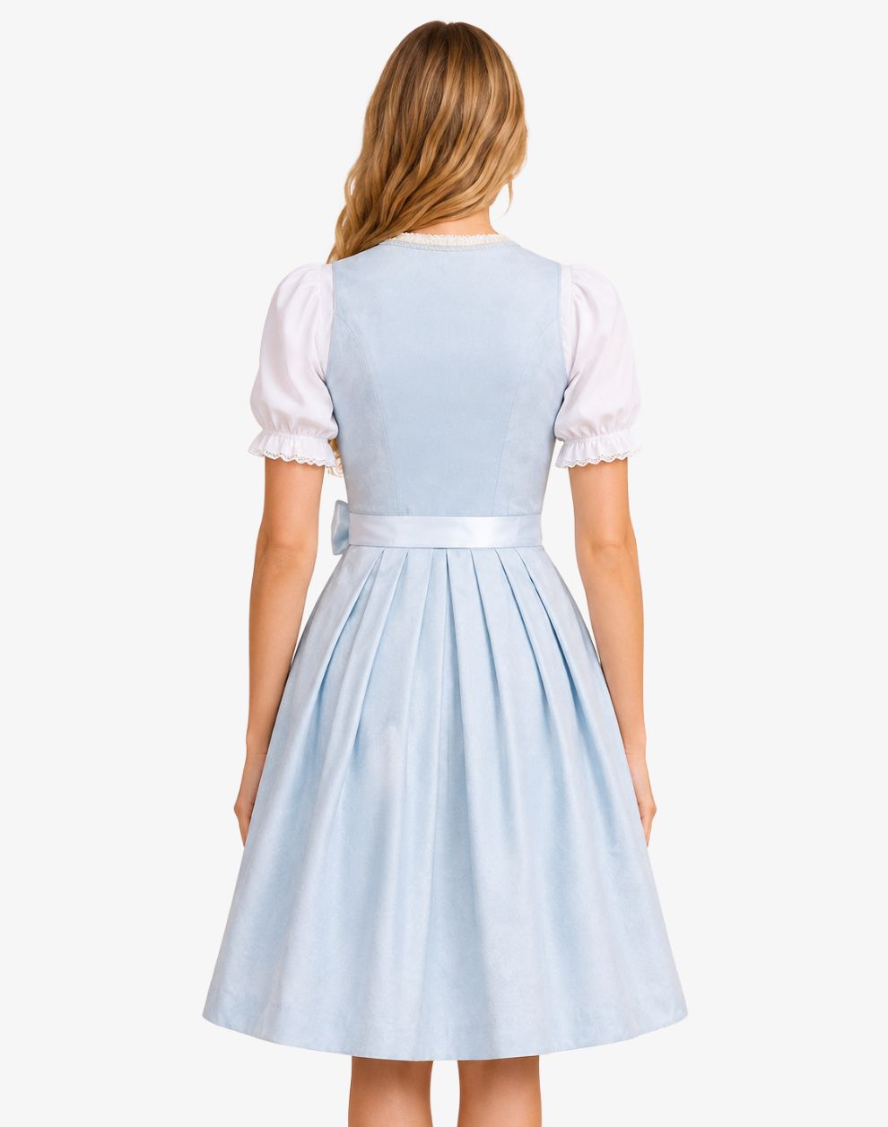 Back view of a model wearing the Women's Traditional Blue Dirndl Dress with a fitted light blue bodice, white puff-sleeve blouse, matching waist sash, and pleated Bavarian skirt.