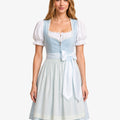 Women's Traditional Blue Dirndl Dress front view featuring a light blue fitted bodice, white puff-sleeve blouse, matching apron, lace-trimmed neckline, and knee-length pleated skirt.