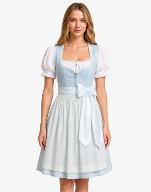 Women's Traditional Blue Dirndl Dress front view featuring a light blue fitted bodice, white puff-sleeve blouse, matching apron, lace-trimmed neckline, and knee-length pleated skirt.