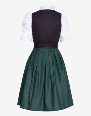 Back view of womens dirndl dress showing fitted bodice, lace blouse, apron tie and authentic Oktoberfest styling details
