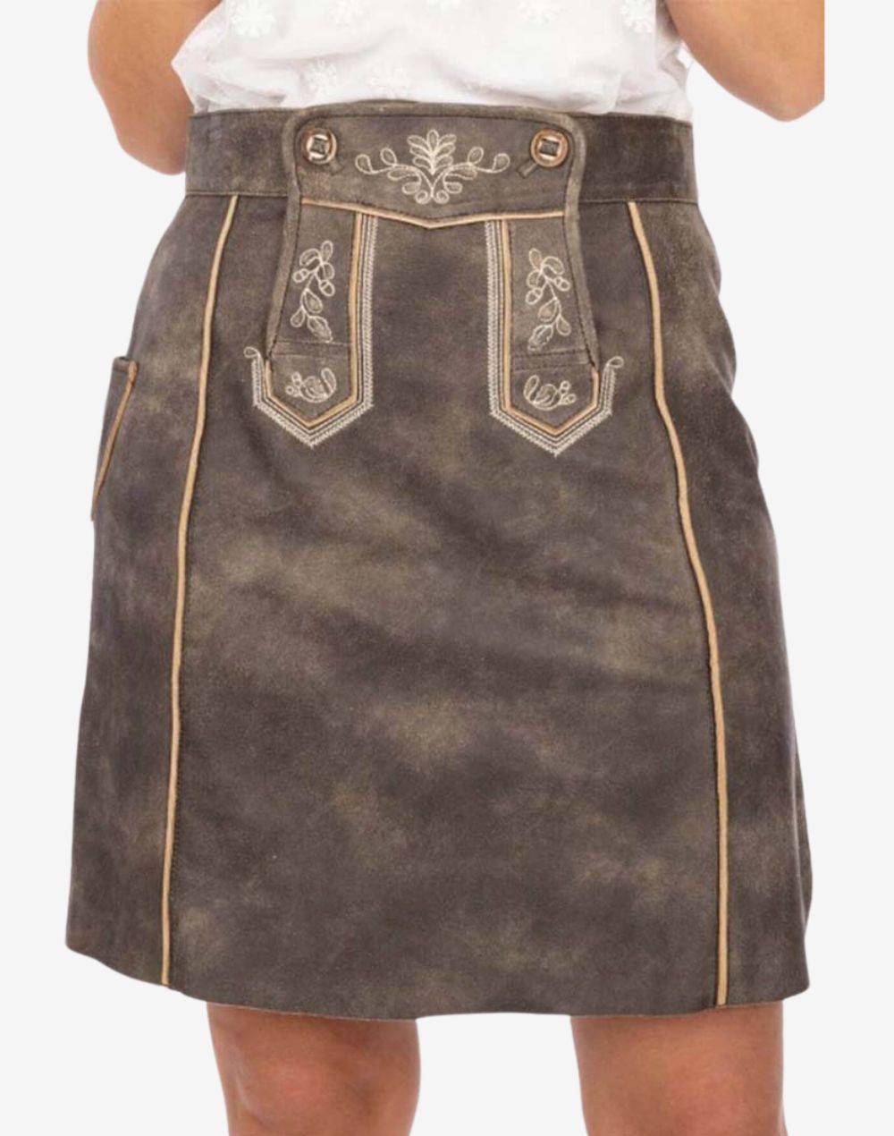 Women’s traditional brown suede Alpine skirt featuring an embroidered front panel, decorative stitching, and classic Bavarian trachten design.