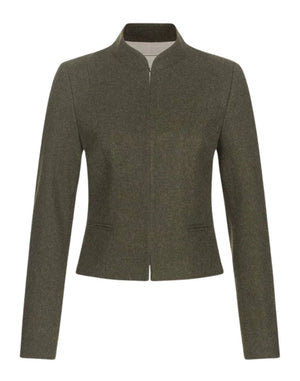 Front view of an olive green fitted women’s jacket with a high collar and zip-front closure, displayed on a white background.