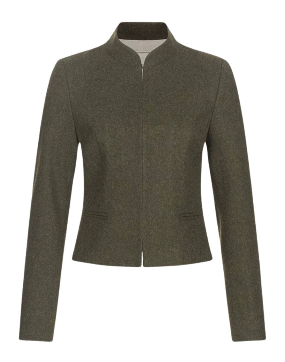 Front view of an olive green fitted women’s jacket with a high collar and zip-front closure, displayed on a white background.