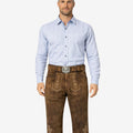 Men's medium brown leather Bundhosen with light beige floral embroidery and matching leather belt.