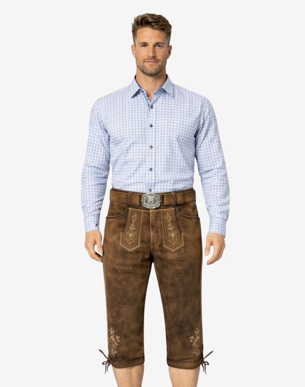 Men's medium brown leather Bundhosen with light beige floral embroidery and matching leather belt.