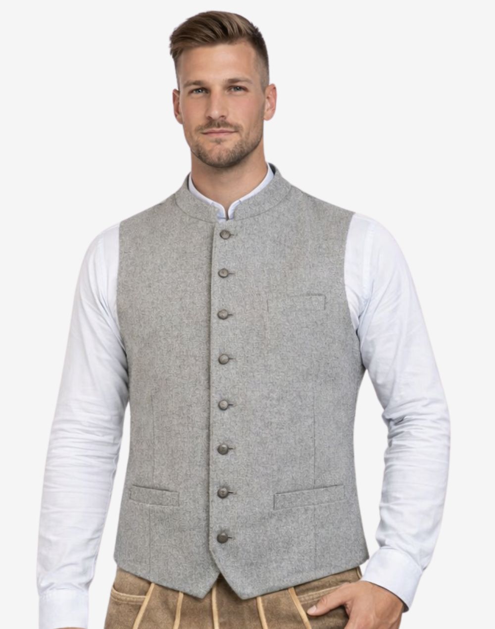 Man wearing a gray vest over a white shirt on a white background