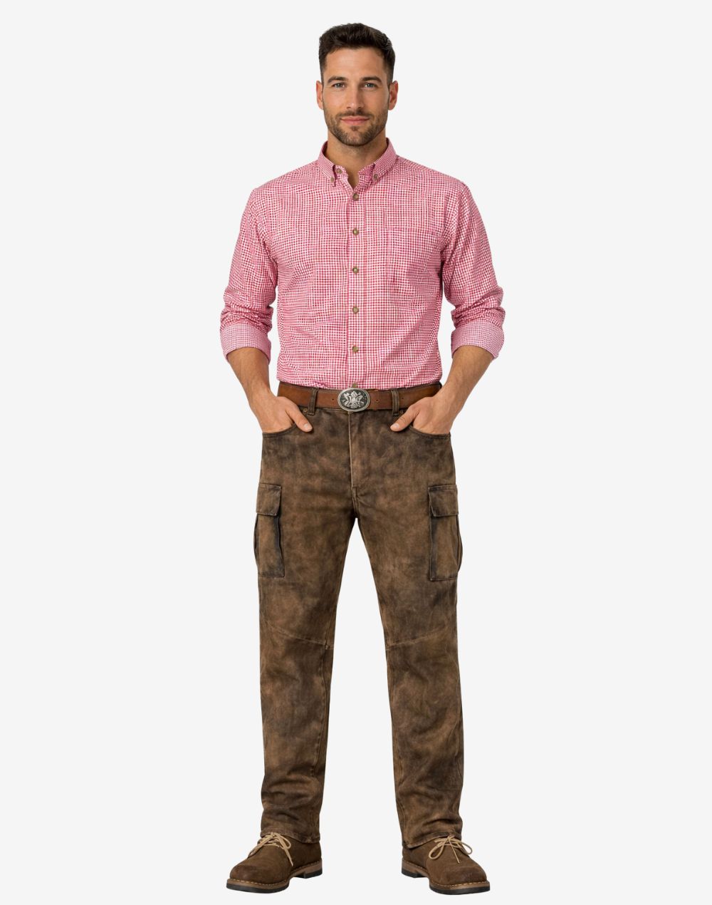 Man wearing a pink checkered shirt and brown cargo pants on a white background