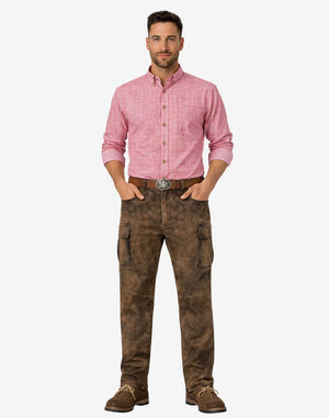 Man wearing a pink checkered shirt and brown cargo pants on a white background