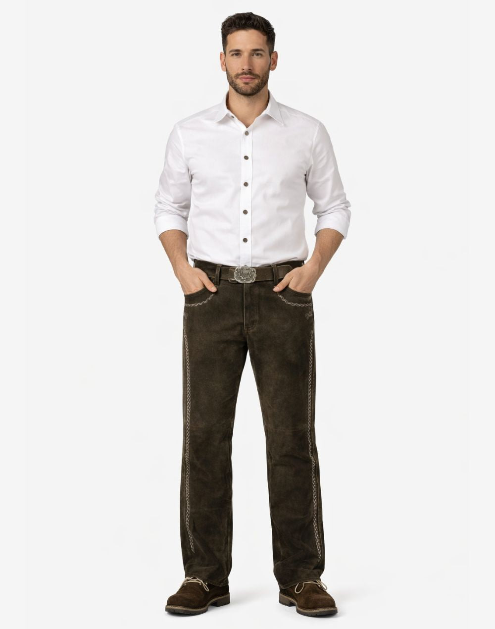 Man wearing a white shirt and brown pants on a white background