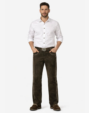 Man wearing a white shirt and brown pants on a white background