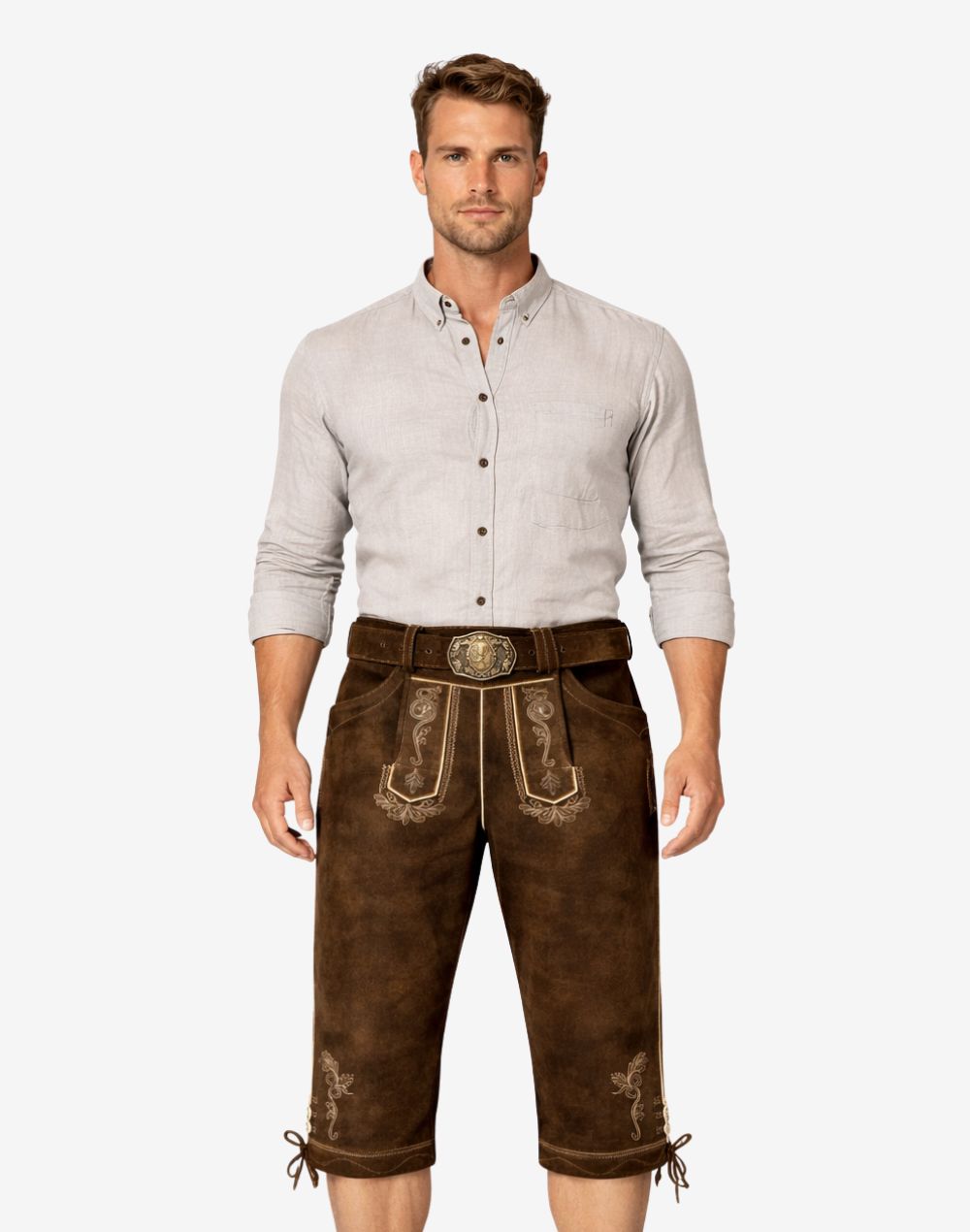 Model wearing men's dark brown leather Bundhosen with engraved antique stag buckle.