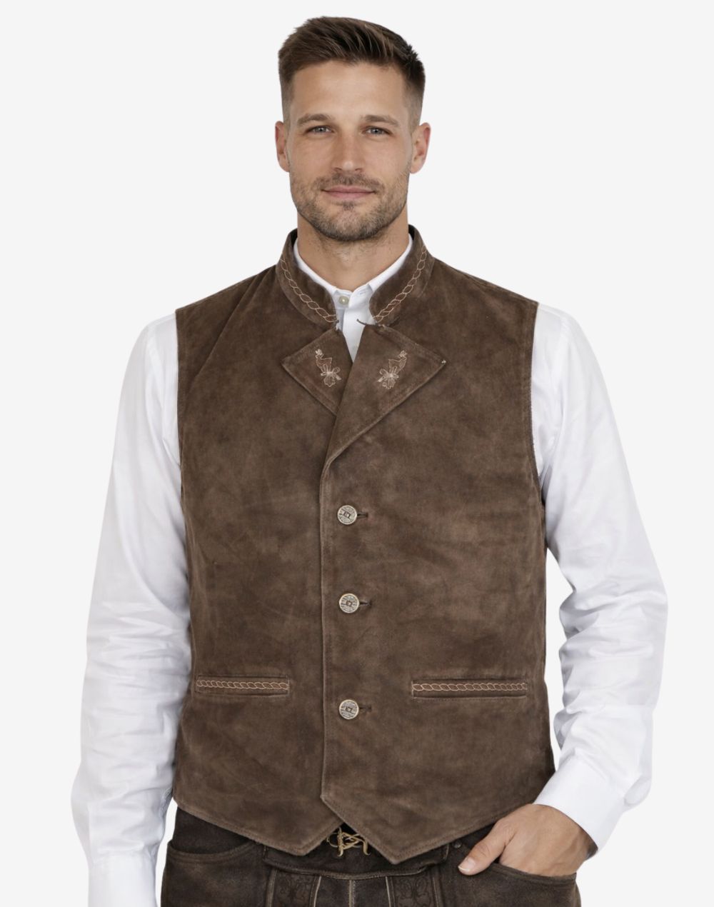 Model wearing mens leather Bavarian vest with lapel paired with traditional lederhosen outfit, showcasing authentic Trachten style for Oktoberfest and Alpine occasions.