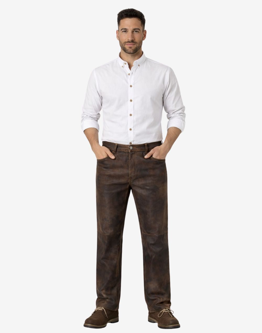 Man wearing a white shirt and brown pants on a white background