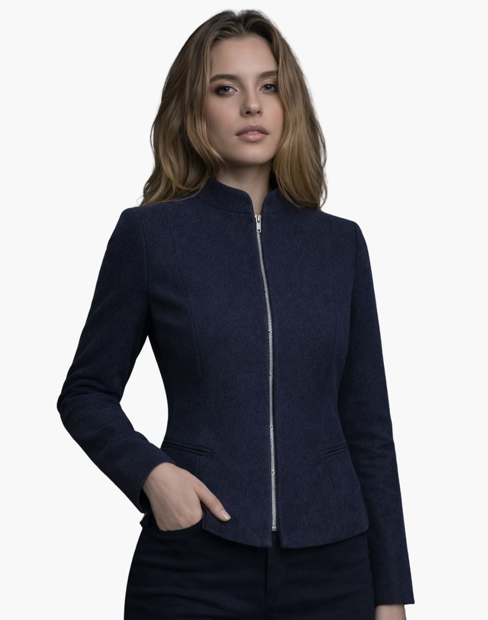 Woman wearing a navy blue jacket on a white background