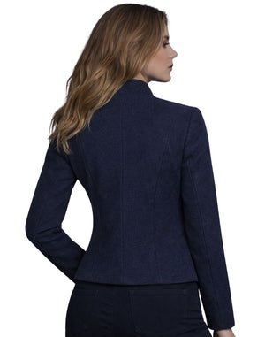 Woman wearing a navy blue suit jacket on a white background
