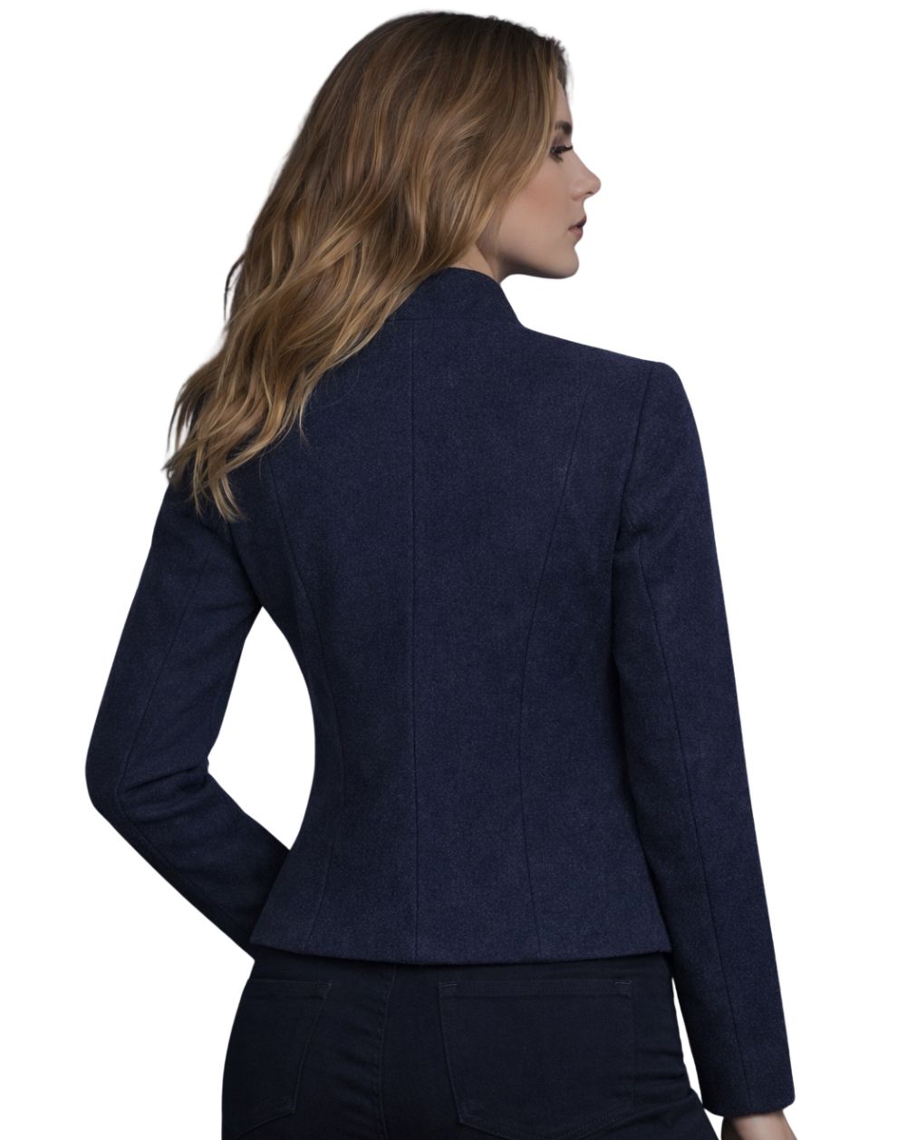 Woman wearing a navy blue suit jacket on a white background