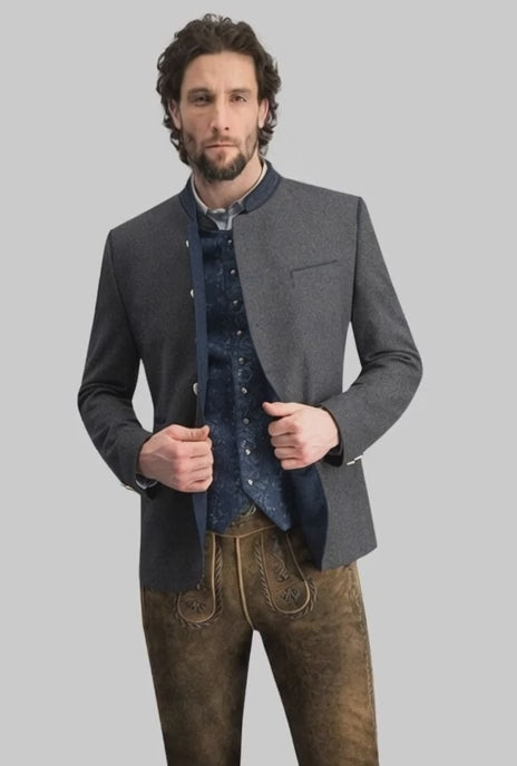 A beard man wearing grey wool trachten jacket showing the detail 