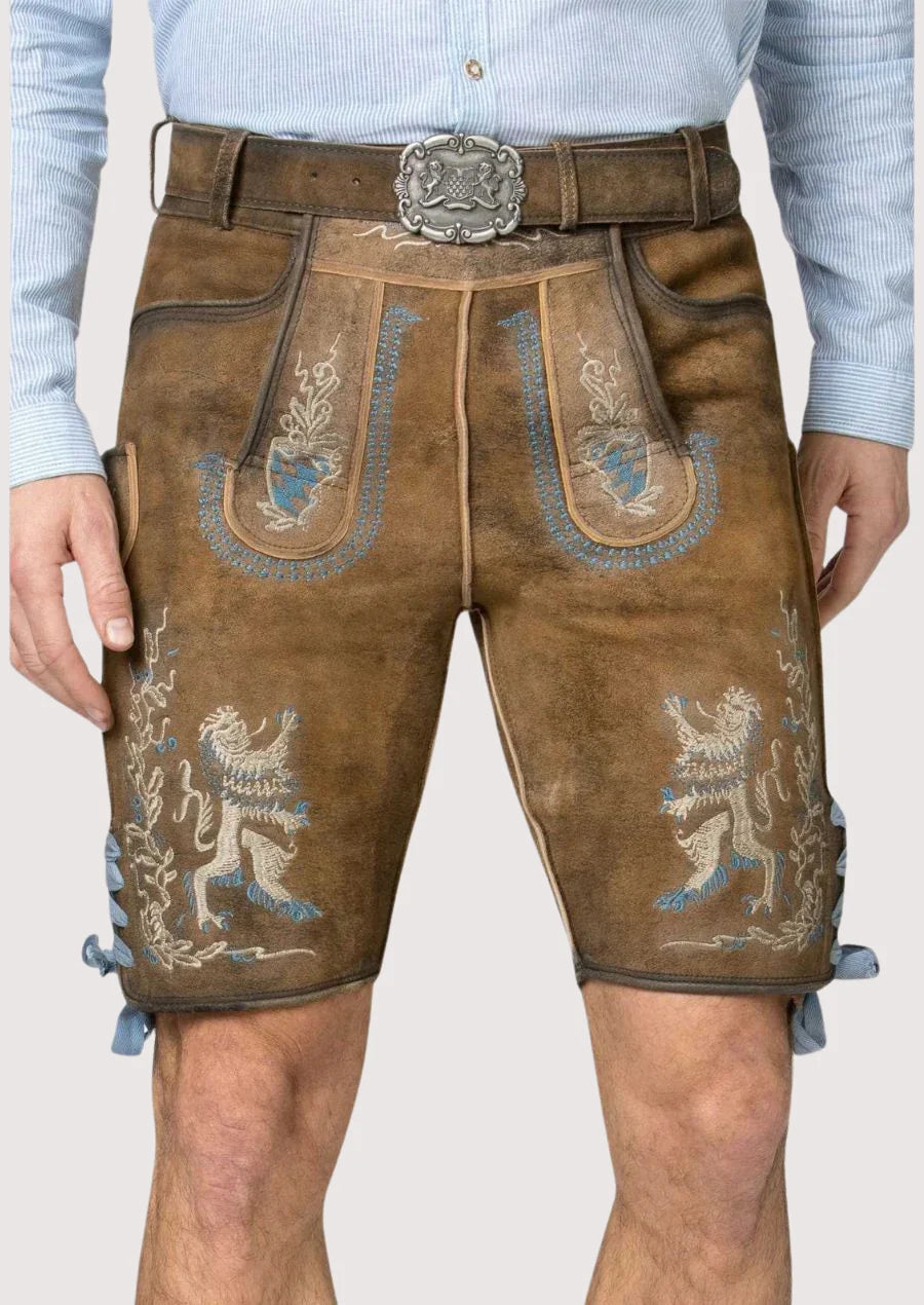 Men’s traditional lederhosen shorts in brown suede featuring side pocket and ornate embroidery