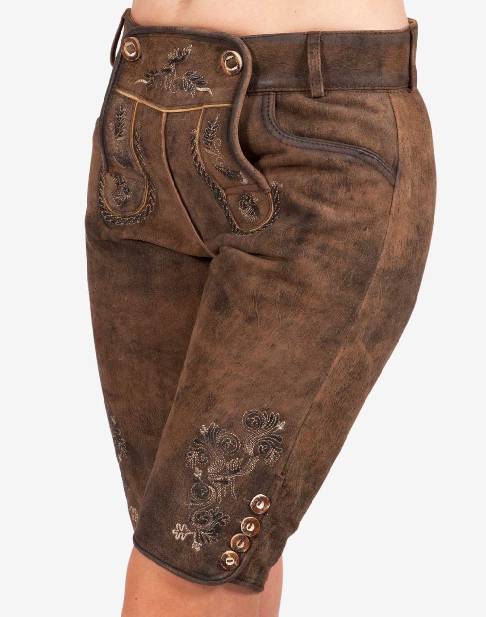 Traditional brown women’s German lederhosen with knee-length design, featuring embroidered floral patterns, decorative front flap, side pockets, and button details on the leg.