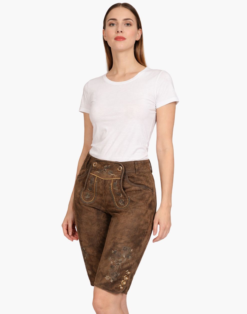 Woman wearing brown traditional pants with a white top on a white background