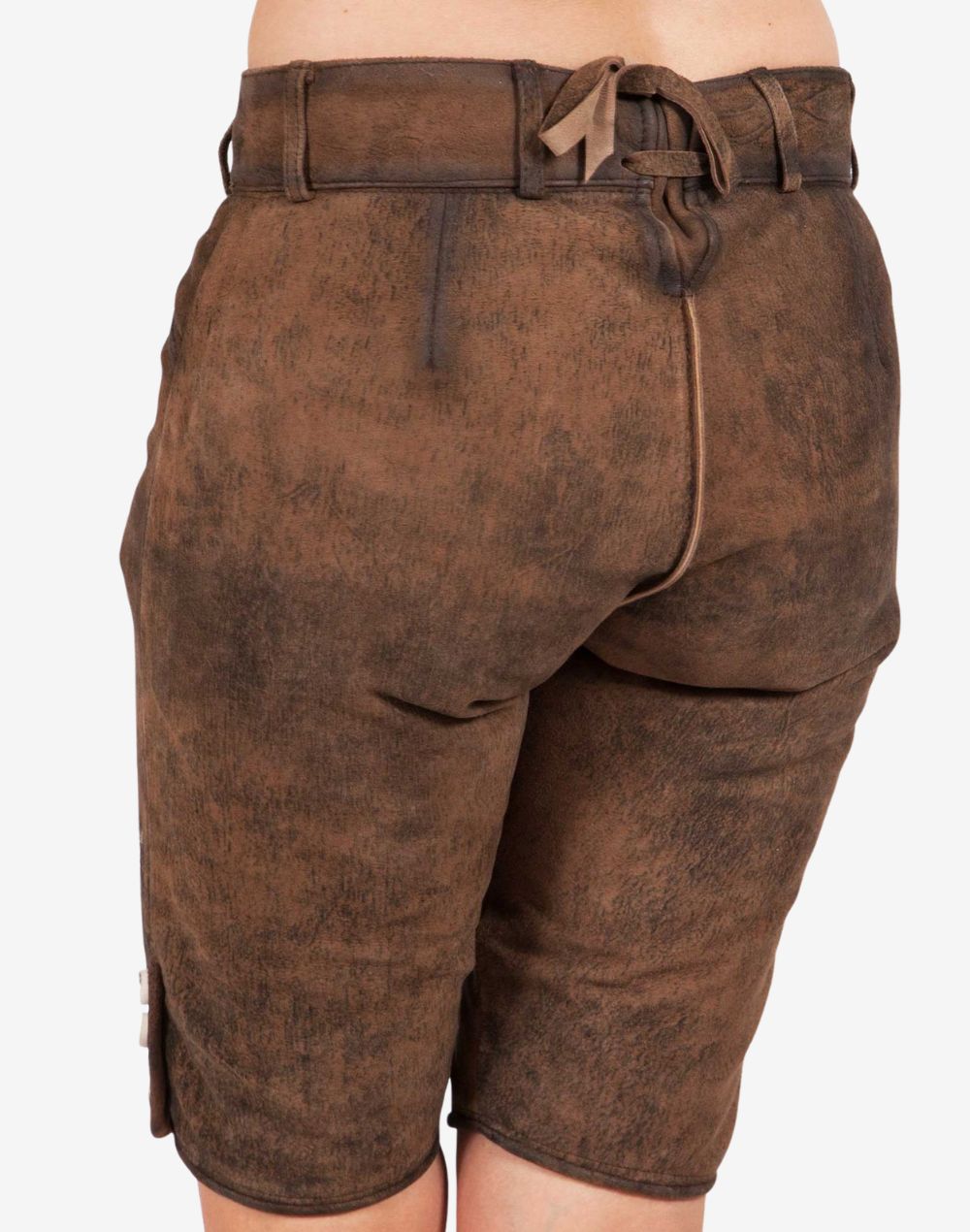 Back view of brown women’s leather lederhosen with a vintage distressed finish, featuring a fitted waistband, belt loops, and adjustable back lace detail.